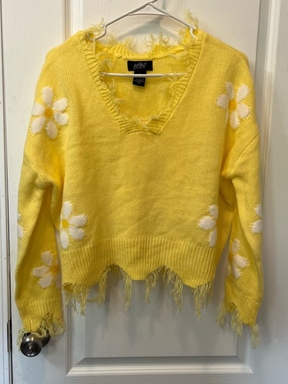 Cropped Sunny Yellow Daisy Fringe V-Neck Sweater